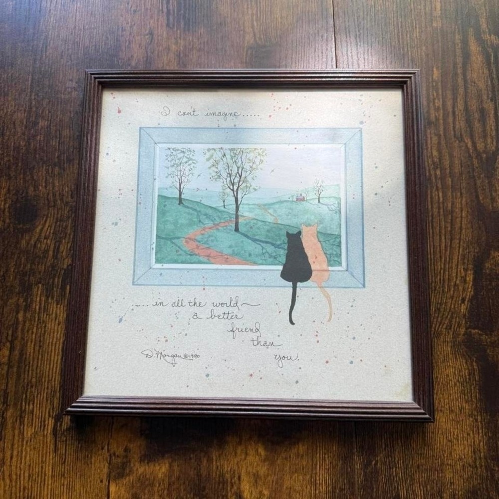 Vintage framed cat friendship print D. Morgan 1990 wall art 11"x11" cottagecore